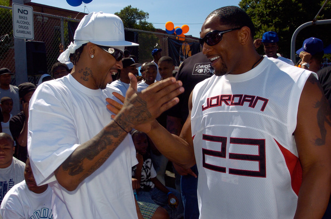 Click to view full size image
 ============== 
BALTIMORE - JUNE 23: Allen Iverson (L) of the Denver Nuggets and Ray Lewis of the Baltimore Ravens at the Melo's H.O.O.D. Movement 3 on 3 Challenge at Cloverdale Basketball Courts June 23, 2007 in Baltimore, Maryland. NOTE TO USER: User expressly acknowledges and agrees that, by downloading and or using this photograph, User is consenting to the terms and conditions of the Getty Images License Agreement. Mandatory Copyright Notice: Copyright 2007 NBAE (Photo by Greg Fiume/NBAE via Getty Images)
